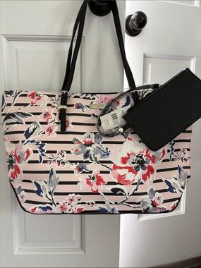 Nine West Pink Floral Stripe Tote with Black Pouch